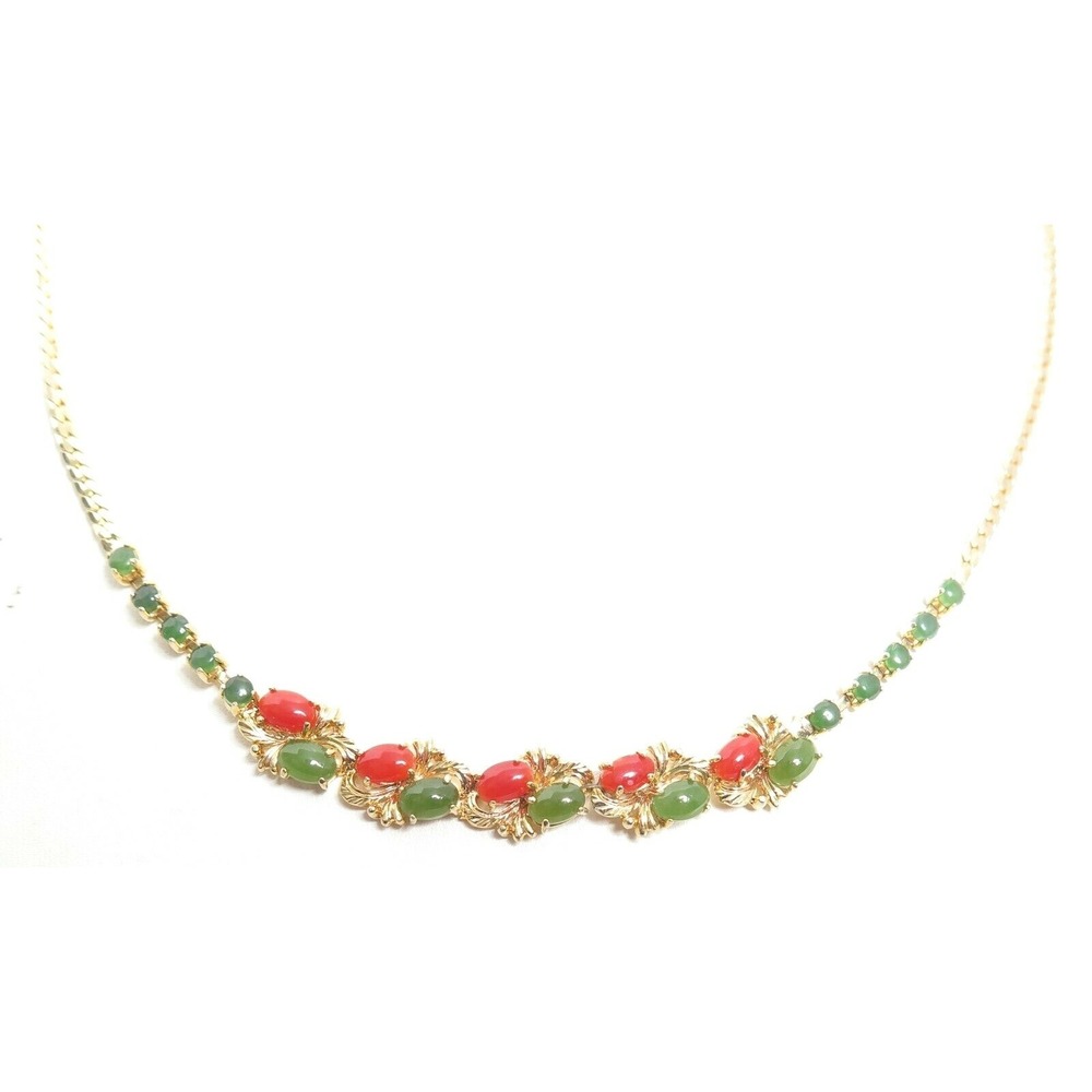 VINTAGE GREEN GEMSTONE JADE & CARNELIAN STONE PRONG SET GOLD PLATED NECKLACE‎